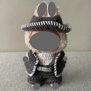Handmade Crochet Cute Grey White Western Cowboy Outfit for 17cm Doll 5-Piece Set